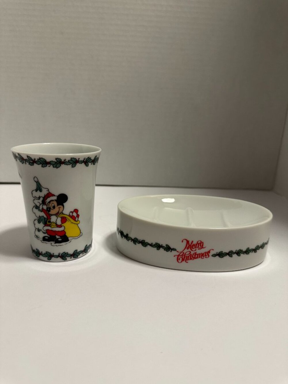 Vintage Christmas Soap Dish and Tumbler Bathroom Porcelain Set, Japan
